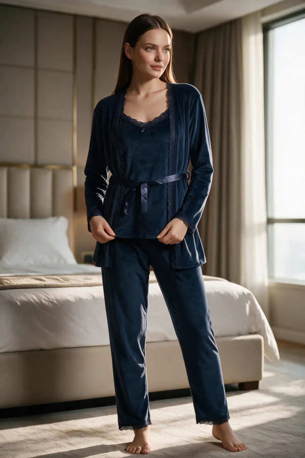 1633 -6 KADIN KADİFE 3LÜ SET PİJAMA TAKIM