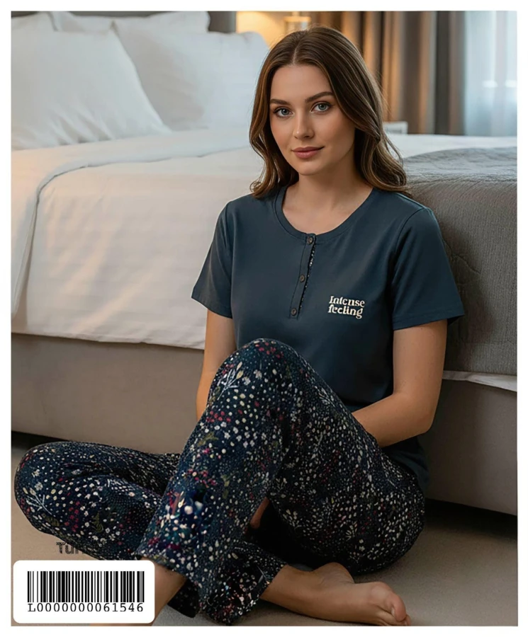 90783 R4477 KOMPAK BASKILI KISA KOL PİJAMA TAKIMI