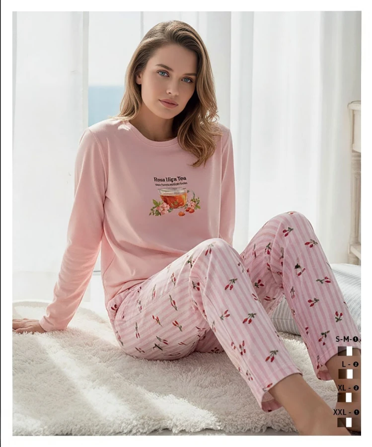 90792 R5050 KADIN LİKRALI SÜPREM BASKILI PİJAMA TKM
