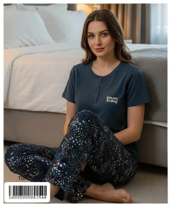 90783 R4477 KOMPAK BASKILI KISA KOL PİJAMA TAKIMI
