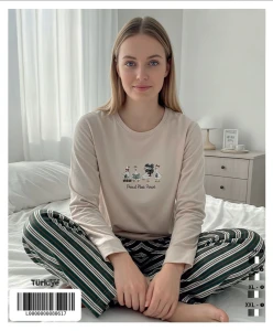 90792 R5048 KADIN LİKRALI SÜPREM BASKILI PİJAMA TKM