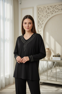 3061 KADIN LİKRALI TAŞLI BATTAL BLUZ